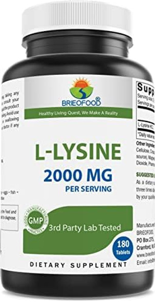Brieofood L-Lysine 2000Mg Per Serving - 180 Vegetarian Tablets - Lysine For Cats & Immune Health