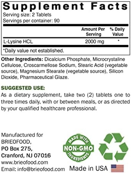 Brieofood L-Lysine 2000Mg Per Serving - 180 Vegetarian Tablets - Lysine For Cats & Immune Health