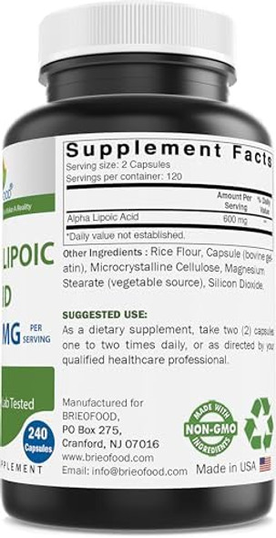 Brieofood Alpha Lipoic Acid 600Mg Per Serving - 240 Capsules - Non-Gmo, Gluten Brieofood Alpha Lipoic Acid 600Mg Per Serving - 240 Capsules - Non-Gmo, Gluten