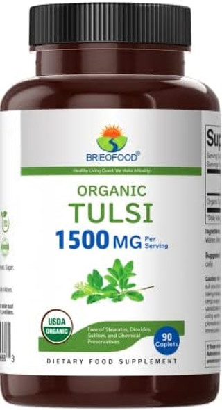 Brieofood Organic Tulsi (Holy Basil) 1500Mg, 45 Servings, Vegetarian, Gluten , 90 Vegetarian Tablets