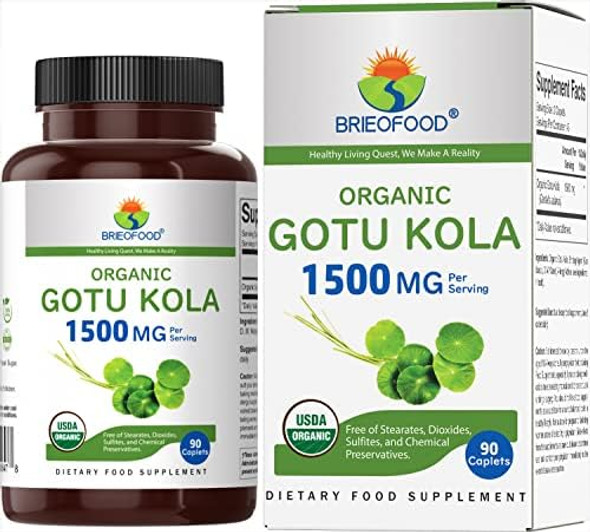 Brieofood Organic Gotu Kola 1500Mg, 45 Servings, Vegetarian, Gluten , 90 Vegetarian Tablets