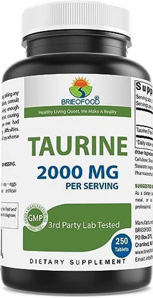 Brieofood Taurine 2000 Mg Per Serving- 250 Tablets - 3Rd Party Lab Tested For Purity & Quality