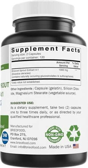 Brieofood Broccoli Sprout Extract 4:1 1000 Mg Per Serving - 240 Capsules Brieofood Broccoli Sprout Extract 4:1 1000 Mg Per Serving - 240 Capsules