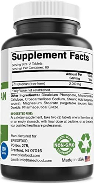 Brieofood L-Tryptophan 2000Mg Per Serving - 120 Tablets - Supports Poisitive Mood & Relaxation