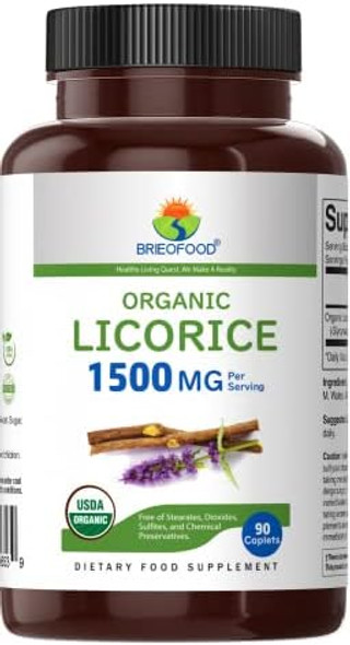 Brieofood Organic Licorice 1500Mg, 45 Servings, Vegetarian, Gluten , 90 Vegetarian Tablets
