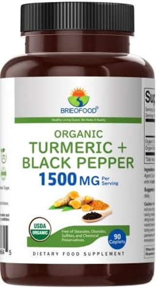 Brieofood Organic Turmeric With Black Pepper 1500Mg, 45 Servings, Vegetarian, Gluten , 90 Vegetarian Tablets