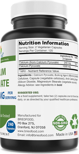 Brieofood Calcium Pyruvate 1500Mg Per Serving - 240 Vegetarian Capsules Brieofood Calcium Pyruvate 1500Mg Per Serving - 240 Vegetarian Capsules