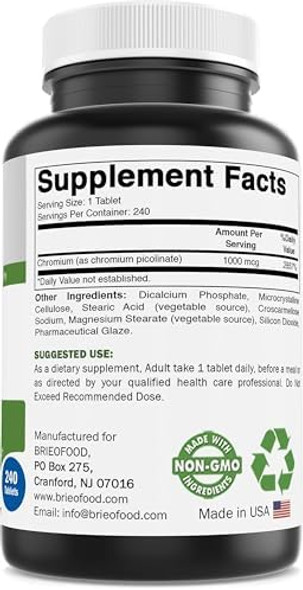 Brieofood Chromium Picolinate 1000 Mcg Pills - 240 Tablets - 240 Servings - Non-Gmo, Gluten Brieofood Chromium Picolinate 1000 Mcg Pills - 240 Tablets - 240 Servings - Non-Gmo, Gluten