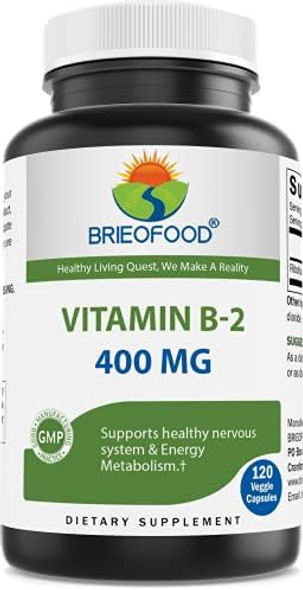 Brieofood Vitamin B2 (Riboflavin) 400Mg, 120 Veggie Capsules - Gluten , Non-Gmo
