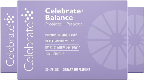 Celebrate Vitamins Balance Probiotic + Prebiotic - Post Bariatric Surgery Daily Supplement For Women & Men, 28.5 Billion Cfu - Supports Digestive & Immune Health, Gluten  (90 Capsules)