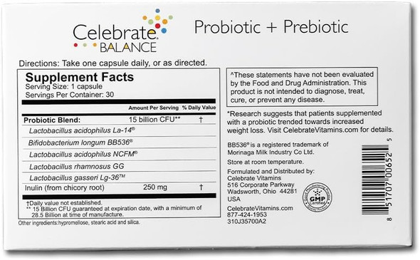 Celebrate Vitamins Balance Probiotic + Prebiotic - Post Bariatric Surgery Daily Supplement For Women & Men, 28.5 Billion Cfu - Supports Digestive & Immune Health, Gluten  (90 Capsules)