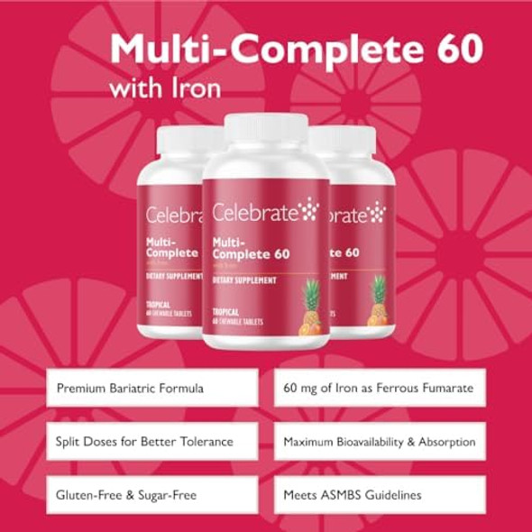 Celebrate Vitamins Multi-Complete Chewables, 60Mg Iron – Daily Bariatric Multivitamin For Sleeve Gastrectomy & Gastric Bypass Surgery Patients – Essential Vitamins & Minerals - Tropical (180 Tablets) Celebrate Vitamins Multi-Complete Chewables, 60Mg Iron – Daily Bariatric Multivitamin For Sleeve Gastrectomy & Gastric Bypass Surgery Patients – Essential Vitamins & Minerals - Tropical (180 Tablets)