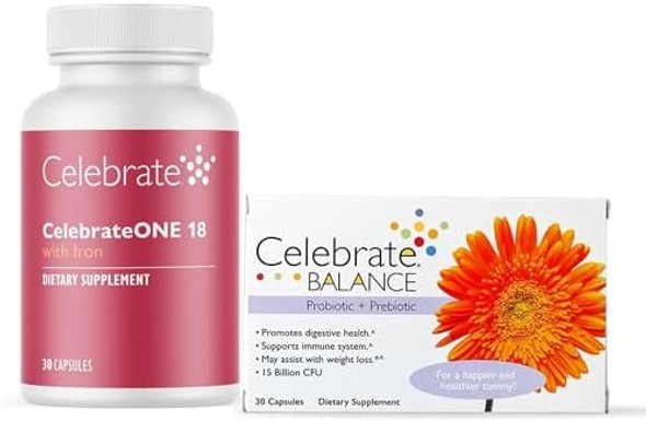 Celebrate Vitamins Celebrateone 18 Multivitamin With Iron And Balance Probiotic + Prebiotic Capsules Bundle – Bariatric Vitamins For Post-Gastric Bypass & Sleeve Gastrectomy – Essential Digestive & Nu