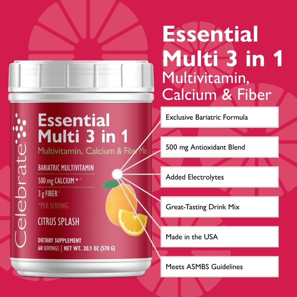 Celebrate Vitamins 3-In-1 Bariatric Multivitamin With Calcium Citrate Drink Mix - 500Mg Calcium, Gluten , Sugar  - Powder Blend For Post Bariatric Surgery - Rasp Lemonade (60 Servings)