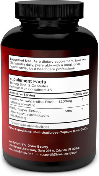 Divine Bounty Organic Ashwagandha Capsules - 1200Mg Ashwagandha Powder With Black Pepper For Enhanced Absorption - Ashwaganda Supplement For Calmness & Mood Support - 90 Veggie Capsules