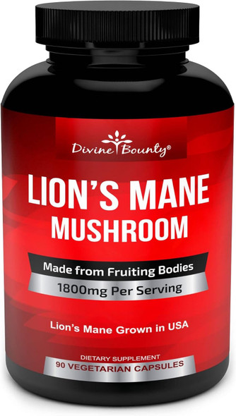 Divine Bounty Organic Lions Mane Mushroom Capsules - 1800Mg Strongest Lion'S Mane Mushroom Supplement - Non-Gmo Lions Mane Extract Powder - Nootropic Brain Supplement - Brain & Immune Support - 90 Vegetarian Caps