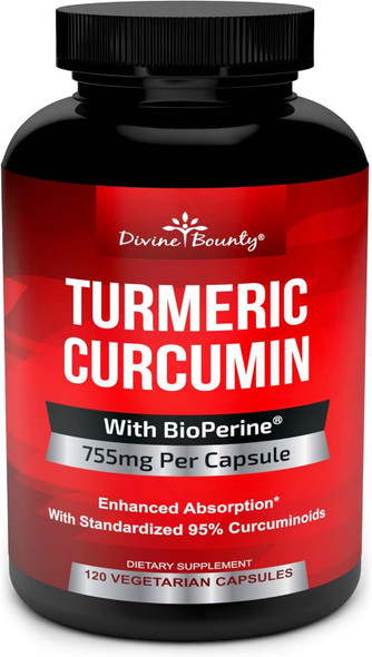 Divine Bounty Turmeric Curcumin With Bioperine Black Pepper Extract - 755Mg Per Capsule, 120 Veg. Capsules - Gmo  Tumeric, Standardized To 95% Curcuminoids For Maximum Potency