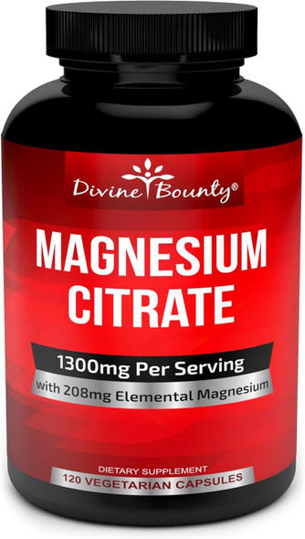Divine Bounty Pure Magnesium Citrate Capsules - 1300Mg Magnesium Supplement With Elemental Magnesium - 120 Vegetarian Capsules