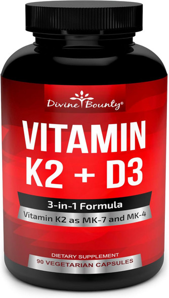 Divine Bounty Vitamin K2 (Mk7 & Mk4) With D3 Supplement - Vitamin K & D As Mk-7 100Mcg, Mk-4 500Mcg, And 5000 Iu Vitamin D3 3-In-1 Formula - Bone And Heart Support - 90 Non-Gmo Vegetarian Capsules