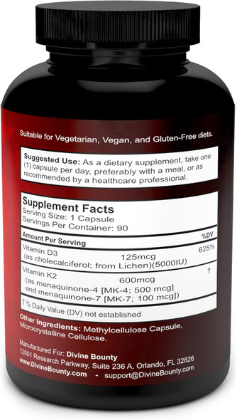Divine Bounty Vitamin K2 (Mk7 & Mk4) With D3 Supplement - Vitamin K & D As Mk-7 100Mcg, Mk-4 500Mcg, And 5000 Iu Vitamin D3 3-In-1 Formula - Bone And Heart Support - 90 Non-Gmo Vegetarian Capsules