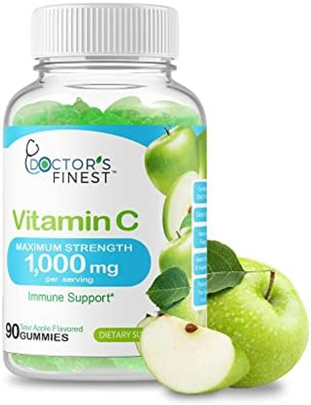 Doctors Finest Vitamin C 1000Mg Gummies, Maximum Strength, Vegan, Gmo- Gluten , Great Taste Natural Sour Apple Flavor Gummy Vitamins, Immune Support Dietary Supplement, For Adults, 90 Gummies