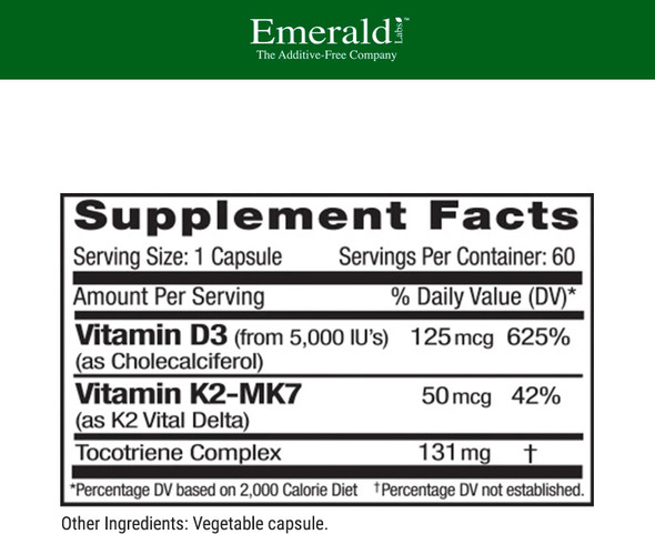 Emerald Labs Vitamin D3+K2 - Vitamin D & Vitaldelta Mk-7 For Bone Health & Heart Support - Vegetarian, Gluten-, Clinical Potency - 60 Vegetable Capsules Emerald Labs Vitamin D3+K2 - Vitamin D & Vitaldelta Mk-7 For Bone Health & Heart Support - Vegetarian, Gluten-, Clinical Potency - 60 Vegetable Capsules
