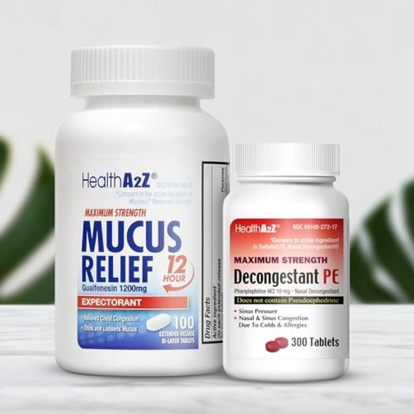 Healtha2Z Decongestant Pe & Mucus Relief Maximum Strength  Phenylephrine Hcl 10Mg 300 Tablets  Guaifenesin 1200Mg 100 Tablets Healtha2Z Decongestant Pe & Mucus Relief Maximum Strength  Phenylephrine Hcl 10Mg 300 Tablets  Guaifenesin 1200Mg 100 Tablets
