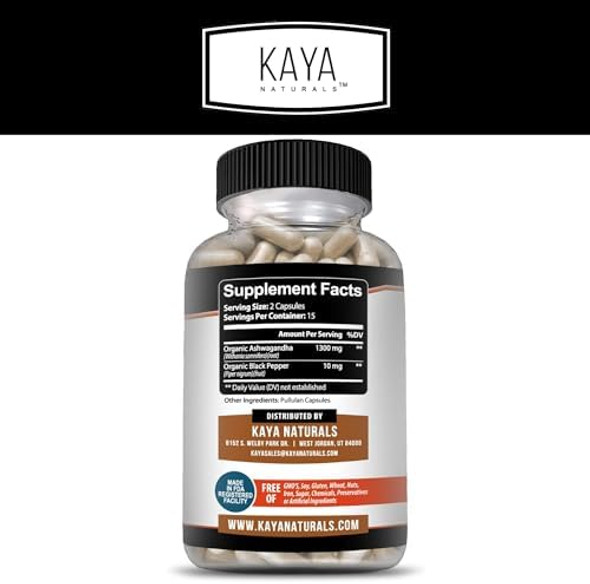 Kaya Naturals Ashwagandha Root With Black Pepper  Maximum Strength 1300Mg Adaptogen Supplement, Support Adrenal, Glandular Health, Mood Relief, Focus, Energy & Vitality For Men & Women