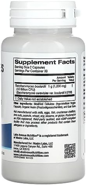 Lake Avenue Nutrition Saccharomyces Boulardii, Probiotic Yeast, 10 Billion Cfu, 60 Veggie Capsules