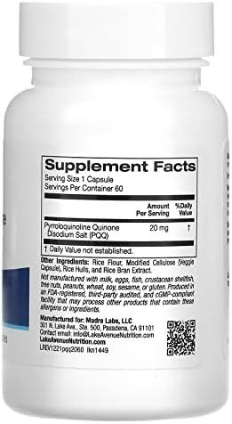 Lake Avenue Nutrition Pqq, Pyrroloquinoline Quinone, 20 Mg, 60 Veggie Capsules