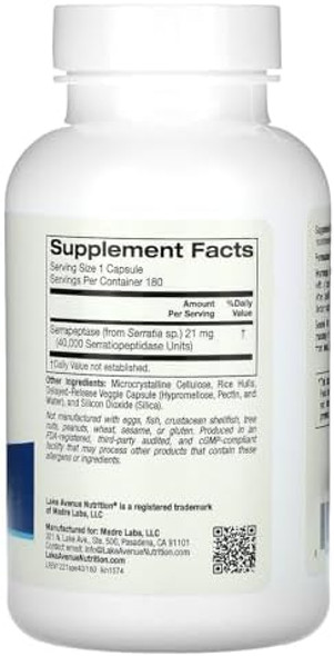 Lake Avenue Serrapeptase, Proteolytic Enzyme, 40,000 Spus, 180 Veggie Capsules, Nutrition Lake Avenue Serrapeptase, Proteolytic Enzyme, 40,000 Spus, 180 Veggie Capsules, Nutrition