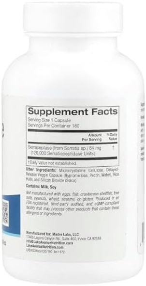 Lake Avenue Serrapeptase, Proteolytic Enzyme, 120,000 Spus, 180 Veggie Capsules, Lake Avenue Nutrition Lake Avenue Serrapeptase, Proteolytic Enzyme, 120,000 Spus, 180 Veggie Capsules, Lake Avenue Nutrition