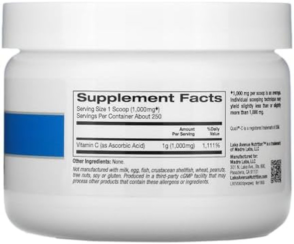 Vitamin C Powder By Lake Avenue Nutrition - Featuring Quali-C Ascorbic Acid - Immune Support - Promotes Healthy Immune Response - Vegan Friendly - Gluten , Non-Gmo - 1,000 Mg - 8.81 Oz