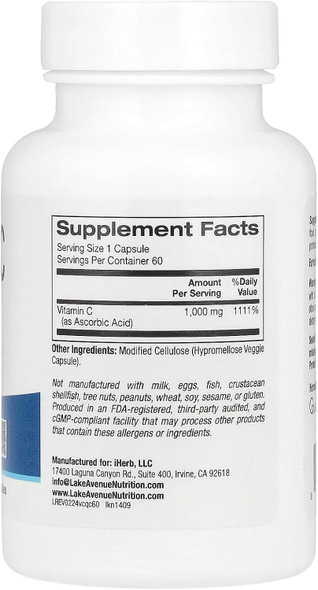 Lake Avenue Vitamin C Supplement Nutrition - Featuring Quali-C Ascorbic Acid - Immune Support - Promotes Healthy Immune Response - Vegan Friendly - Gluten , Non-Gmo - 1,000 Mg - 365 Veggie