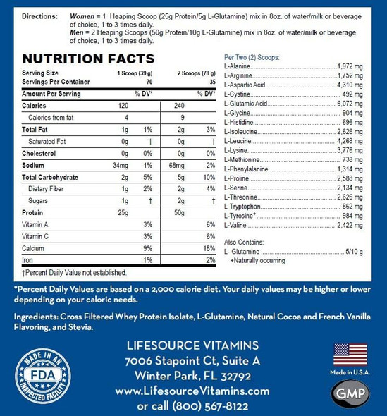 Lifesource Vitamins 6 Lb - Us Dairy Cows Grass Fed Whey Protein Isolate - Double Chocolate Fudge Sweetened W/Stevia