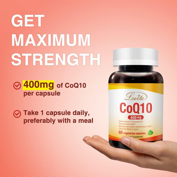 Lovita Coq10 400Mg Supplements  Easliy Absorbed Coenzyme Q10 Powder  Antioxidant Co Q10 Enzyme  Support Heart Health  Vegan  60 Capsules