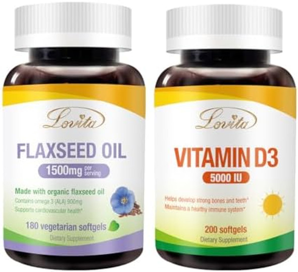 Lovita Cold-Pressed Flaxseed Oil + Vitamin D3 5000Iu Nutrients Bundle