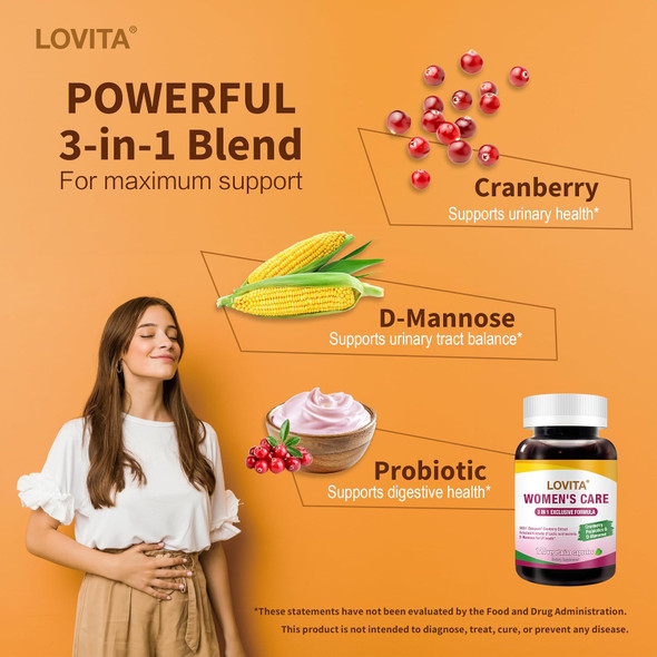 Lovita Women'S Care Supplement With D-Mannose, Cranberry & Probiotics - Supports Urinary Tract Health, 120 Vegetarian Capsules