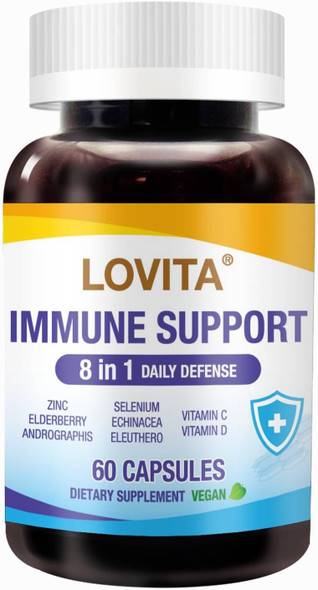 Lovita Immune Support 8 In 1 Daily Defense, Elderberry With Zinc, Vitamin C&D, Ecea, Selenium, Andrographis & Siberian Ginseng Extract, 60 Vegan Capsules