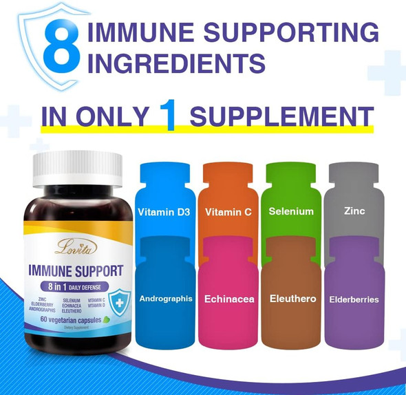 Lovita Immune Support 8 In 1, Elderberry With Zinc And Vitamin C, Vitamin D, Selenium & Ecea, Andrographis, Siberian Ginseng - Immune Booster Supplement, 60 Vegetarian Capsules
