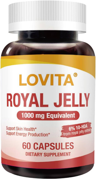 Lovita Royal Jelly 333 Mg, 3:1 Concentrate, With 20Mg 10-Hda, Natural Source Super Food, Supports Skin Health & Energy Production, 60 Capsules