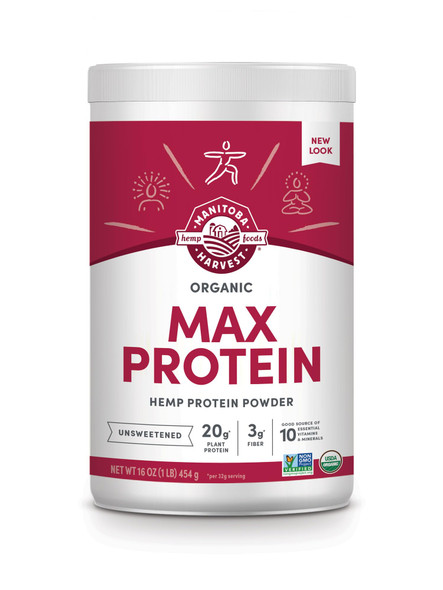 Manitoba Harvest Hemp Yeah Organic Max Protein Powder, Unsweetened, 16Oz, With 20G Protein And 4.5G Omegas 3&6 Per Serving, Keto-Friendly, Preservative , Non-Gmo, Packaging May Vary