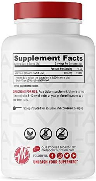 Metabolic Nutrition Vitamin C, 1000Mg, Pure Pharma Grade, High Absorption Ascorbic Acid (100 G)