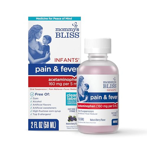 Mommy'S Bliss Infants' Pain And Fever Reducer, Baby Acetaminophen, Dye , Delicious Mixed Berry Flavor, Ages 2+, 2 Fluid Ounces