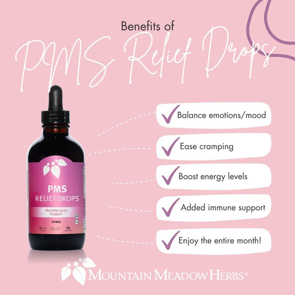 Mountain Meadow Herbs Pms Relief Drops  Liquid Herbal Supplement For Menstrual Period Discomfort  Hormonal Support For Pms Cramps, Mood Swings & Acne With Chaste Tree Berry (Vitex) & Wild Yam 2Oz