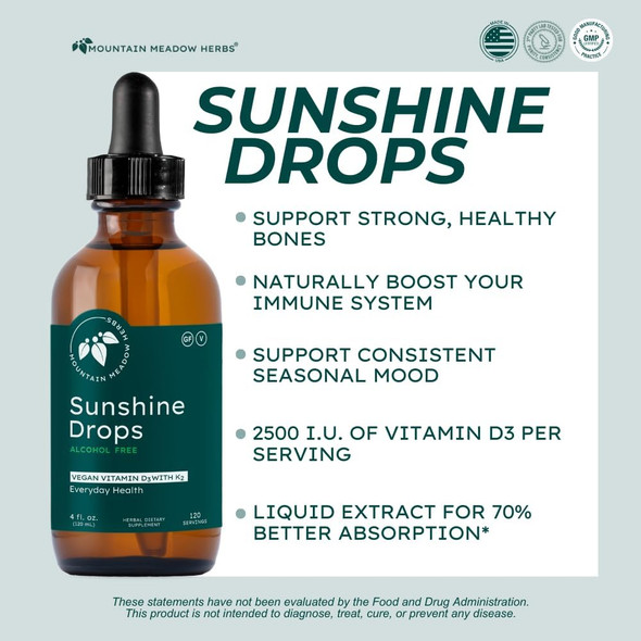 Mountain Meadow Herbs Sunshine Drops  Vegan Vitamin D3 Booster For Healthy Bones & Teeth  Ideal Winter Supplement  Tincture 2Oz