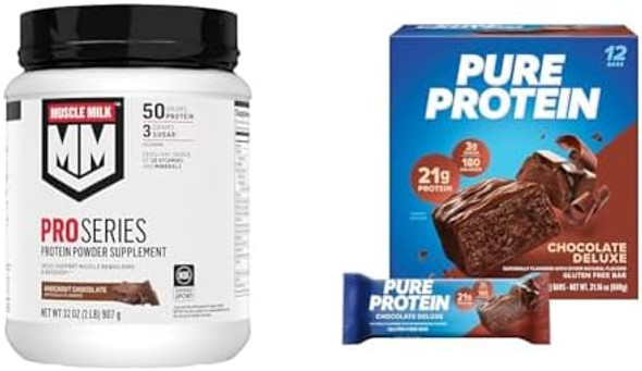 Muscle Milk Pro Series Protein Powder, Knockout Chocolate, 2Lb, 11 Servings, 50G Protein & Pure Protein Bars, Chocolate Deluxe, 12 Count, 1.76Oz, 21G Protein Muscle Milk Pro Series Protein Powder, Knockout Chocolate, 2Lb, 11 Servings, 50G Protein & Pure Protein Bars, Chocolate Deluxe, 12 Count, 1.76Oz, 21G Protein