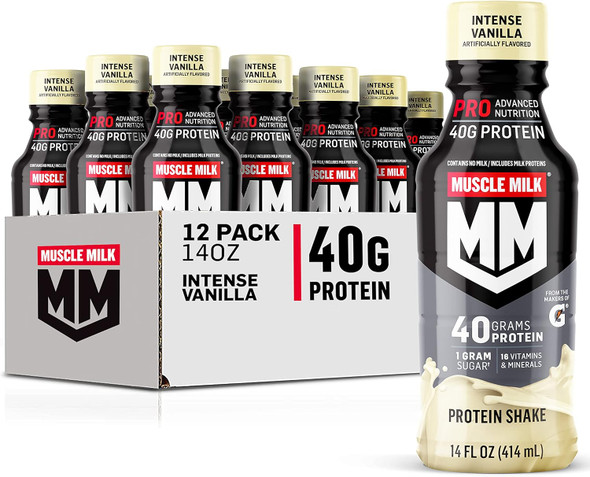 Muscle Milk Pro Advanced Nutrition Protein Shake, Intense Vanilla, 14 Fl Oz Bottle & Pro Advanced Nutrition Protein Shake, Intense Vanilla, 11.16 Fl Oz (Pack Of 12)