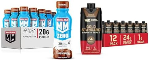 Muscle Milk Zero Protein Shake, Chocolate, 20G Protein, 12 Pack + Optimum Nutrition Gold Standard Protein Shake, Chocolate, 24G Protein, 12 Count Muscle Milk Zero Protein Shake, Chocolate, 20G Protein, 12 Pack + Optimum Nutrition Gold Standard Protein Shake, Chocolate, 24G Protein, 12 Count