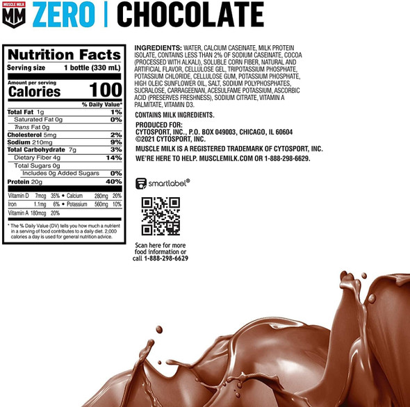 Muscle Milk Zero Protein Shake, Chocolate,20G Protein, Zero Sugar, 100 Calories, Calcium, Vitamins A, C & D, 4G Fiber, Energizing Snack, Workout Recovery, Packaging May Vary,11.16 Fl Oz (Pack Of 12) Muscle Milk Zero Protein Shake, Chocolate,20G Protein, Zero Sugar, 100 Calories, Calcium, Vitamins A, C & D, 4G Fiber, Energizing Snack, Workout Recovery, Packaging May Vary,11.16 Fl Oz (Pack Of 12)